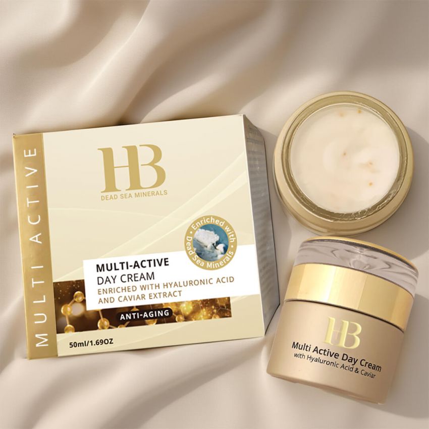 Crema de fata de zi, multi-activa, Health and Beauty Marea Moarta, cu Acid Hialuronic si extract de Caviar, fara parabeni, 50 ml