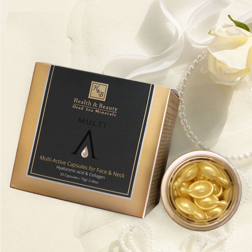 Capsule Multi-Active pentru Fata si Gat cu acid hialuronic si colagen, Health and Beauty Marea Moarta, 30 capsule X 70 gr