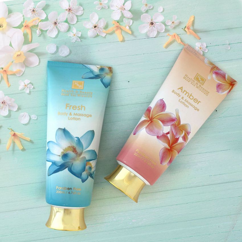 Lotiune de masaj pentru corp, Health and Beauty Marea Moarta, anti-imbatranire, fara parabeni, Amber, 200 ml