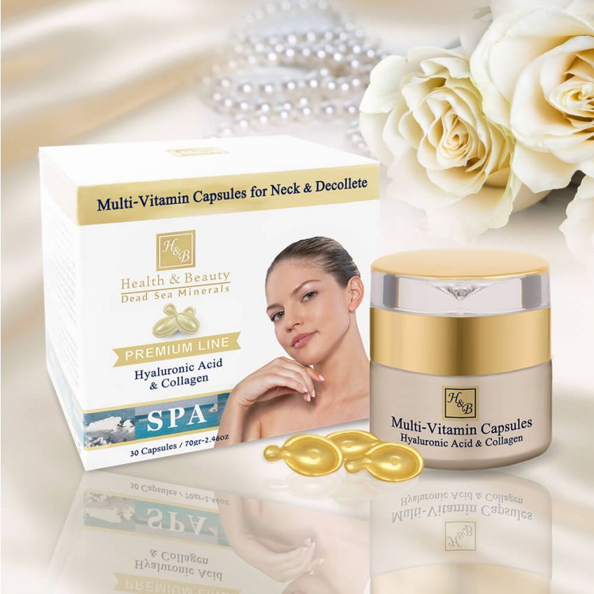 Multi-Vitamina Capsule pentru Gat si Decolteu cu acid hialuronic si colagen, Health and Beauty Marea Moarta, 30 capsule X 70 gr