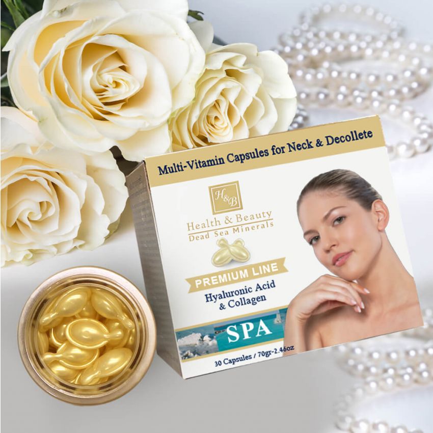 Multi-Vitamina Capsule pentru Gat si Decolteu cu acid hialuronic si colagen, Health and Beauty Marea Moarta, 30 capsule X 70 gr