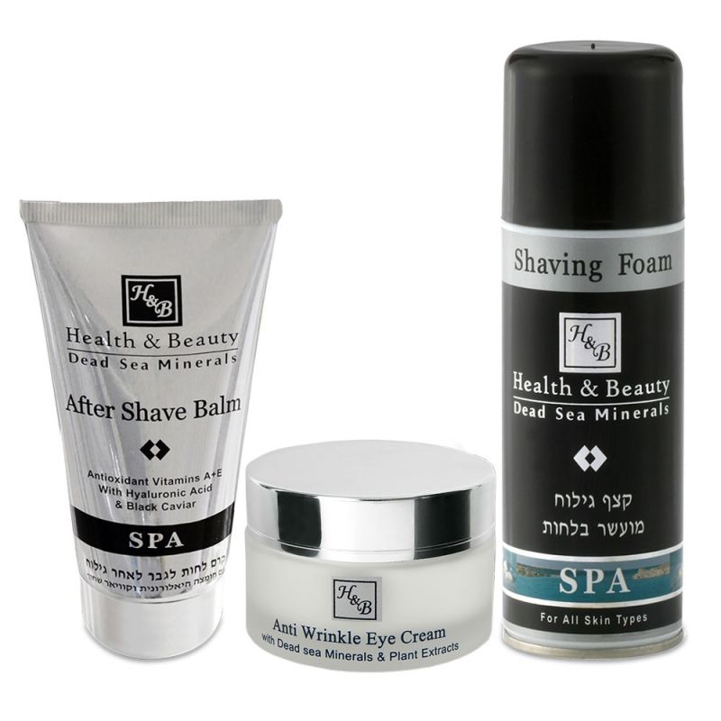 Set cadou ingrijire fata barbati, 3 produse - balsam acid hialuronic si caviar + crema de fata + spuma de ras Health and Beauty Marea Moarta