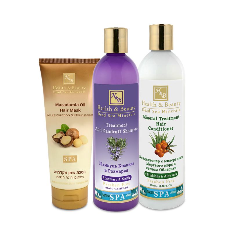 Set cadou haircare 3 produse Health and Beauty - sampon cu argan + balsam cu catina + masca de par cu ulei de macadamia